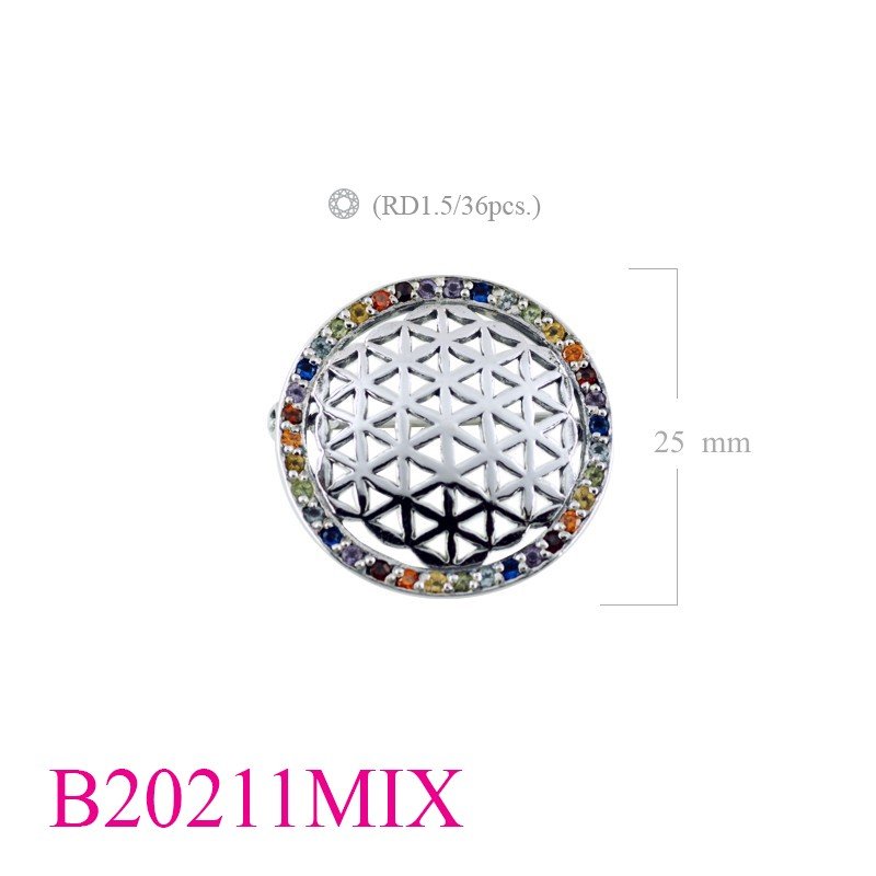 Brooch, 25mm flower of life with Mix colour stones on edge.