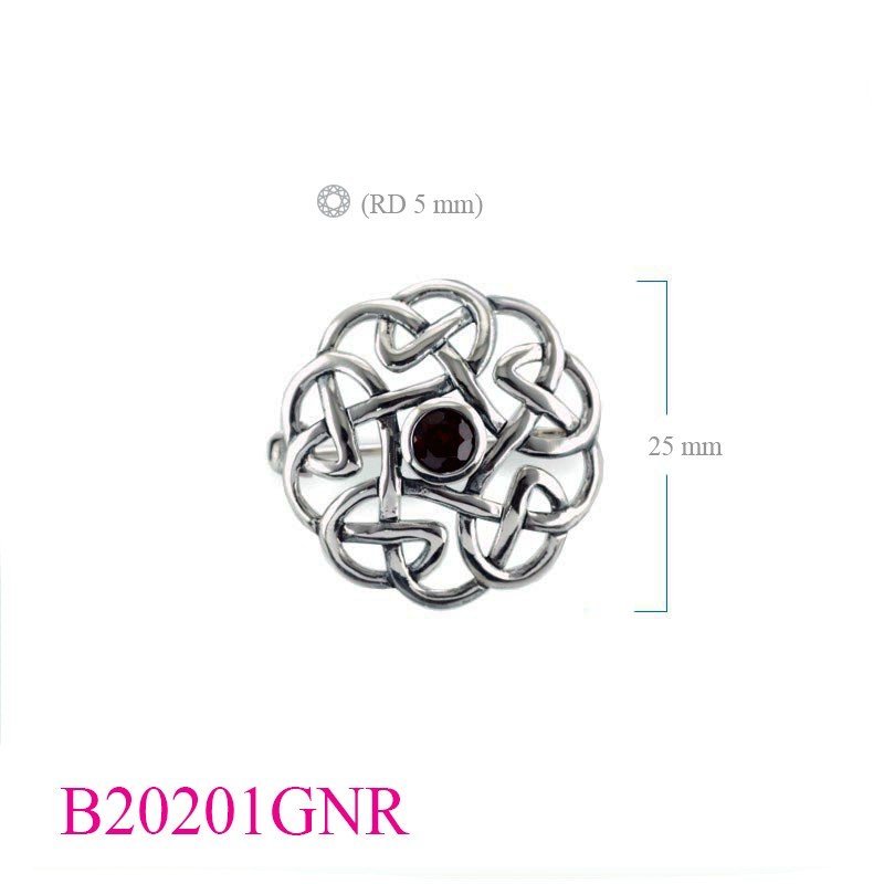 Brooch, round Celtic with Real Garnet round stone.