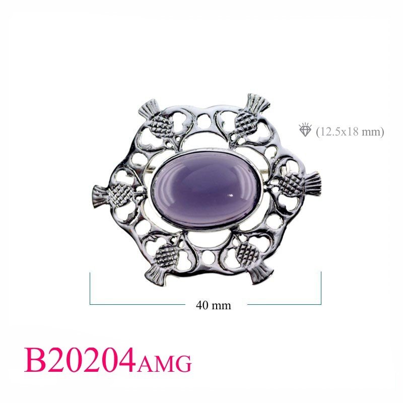 Brooch, 6 Thistles and oval Amethyst Glass stone.