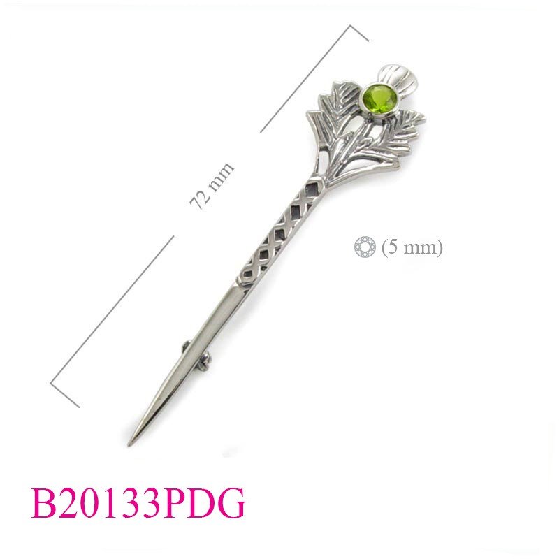 Brooch, Thistle with 5mm round Peridot Glass stone.