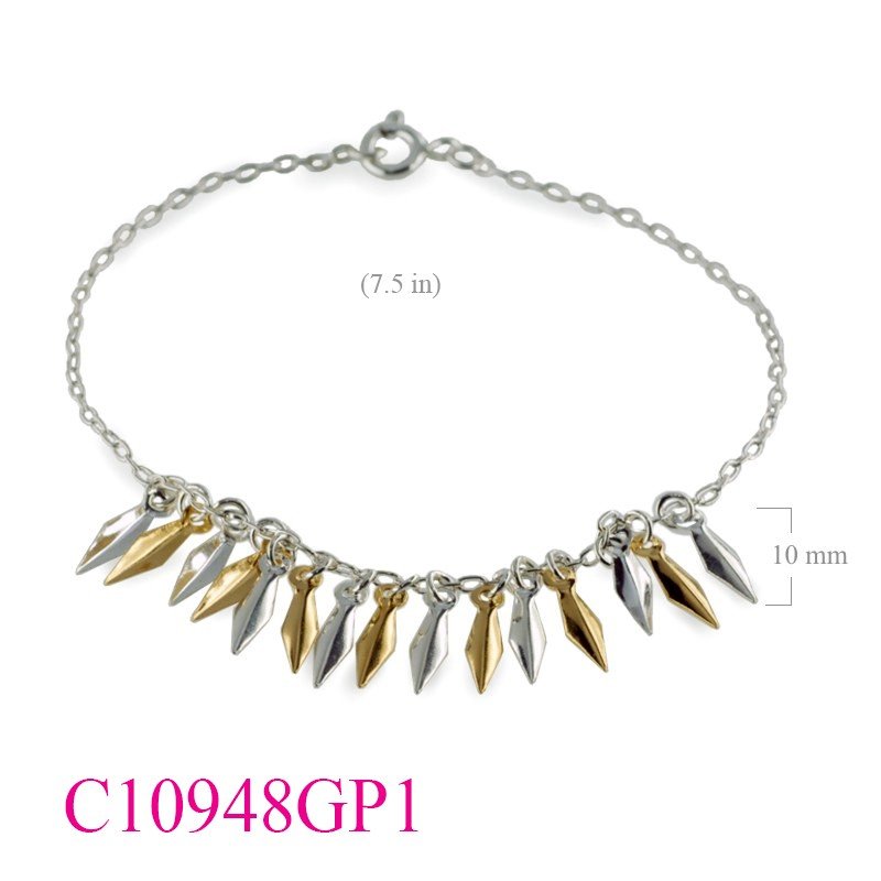 Bracelet, 7.5 inches chain and hanging silver and Gold plated leaves.