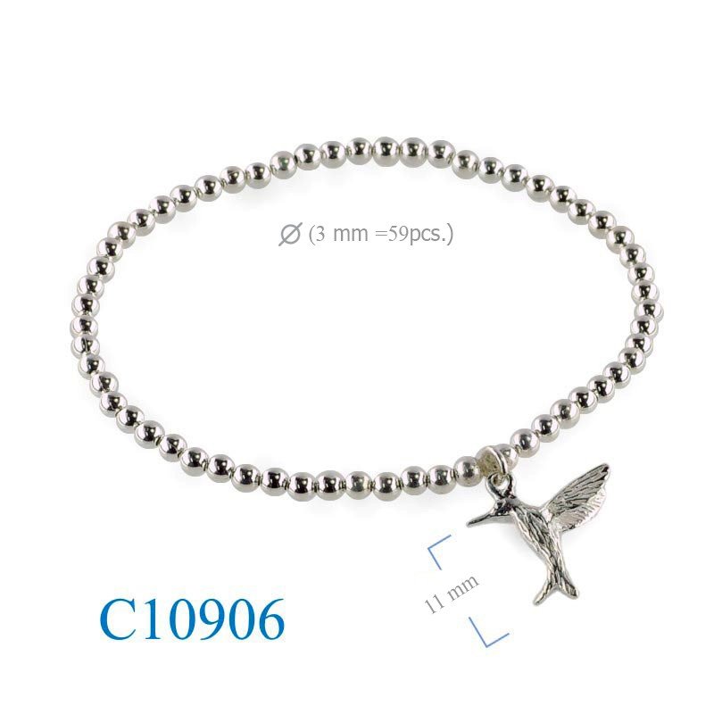 Bracelet, 3mm balls elastic string and hanging humming bird charm.