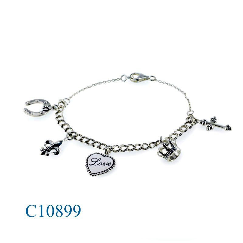 Horseshoe Bracelet, hanging cross, crown, heart, FDL, and horseshoe.
