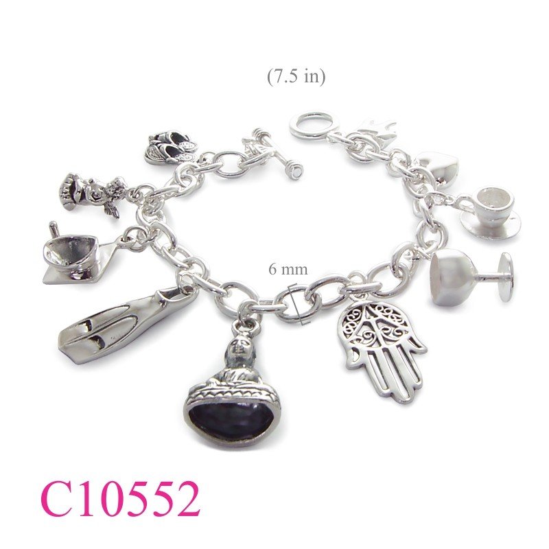 Charms Bracelet, t-lock oval links with hanging charms.