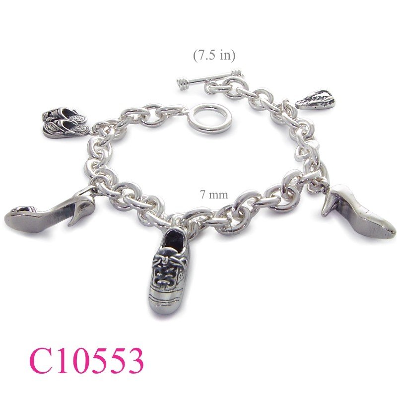 Charms Bracelet, t-lock oval links with hanging shoes charms.