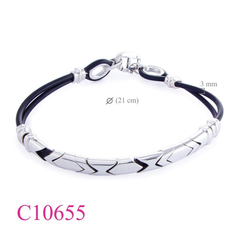 Bracelet, 13 silver parts double 2mm rubber cords.