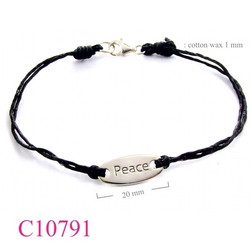 Bracelet, "Peace" oval tag with cotton wax string.