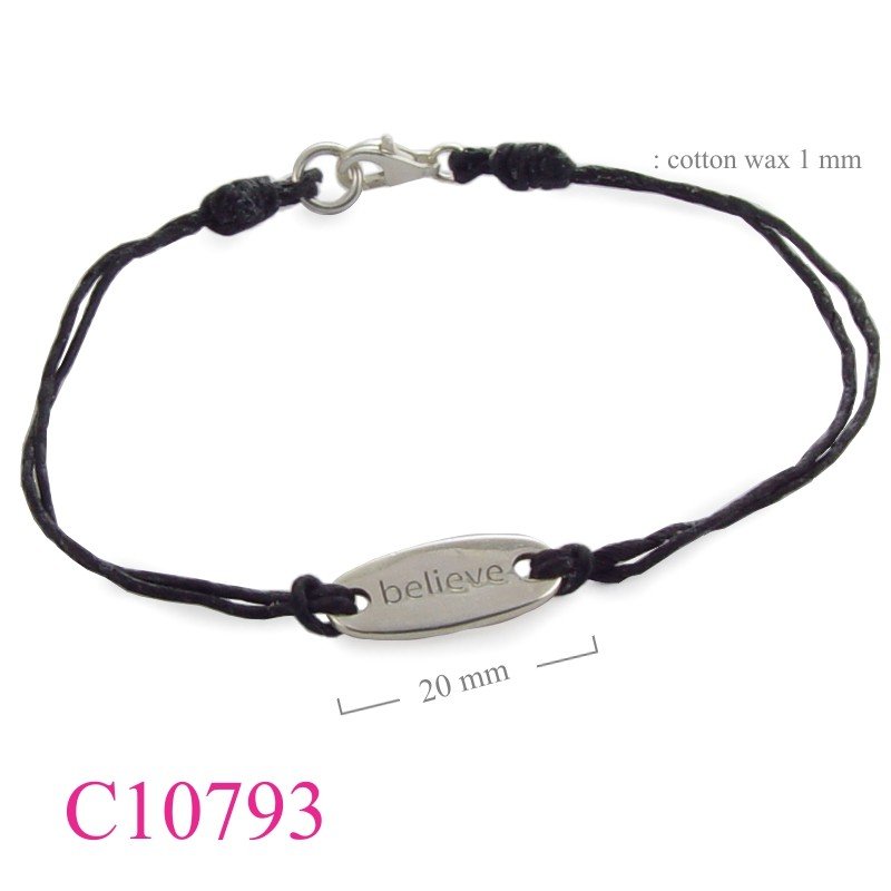 Bracelet, "believe" oval tag with cotton wax string.