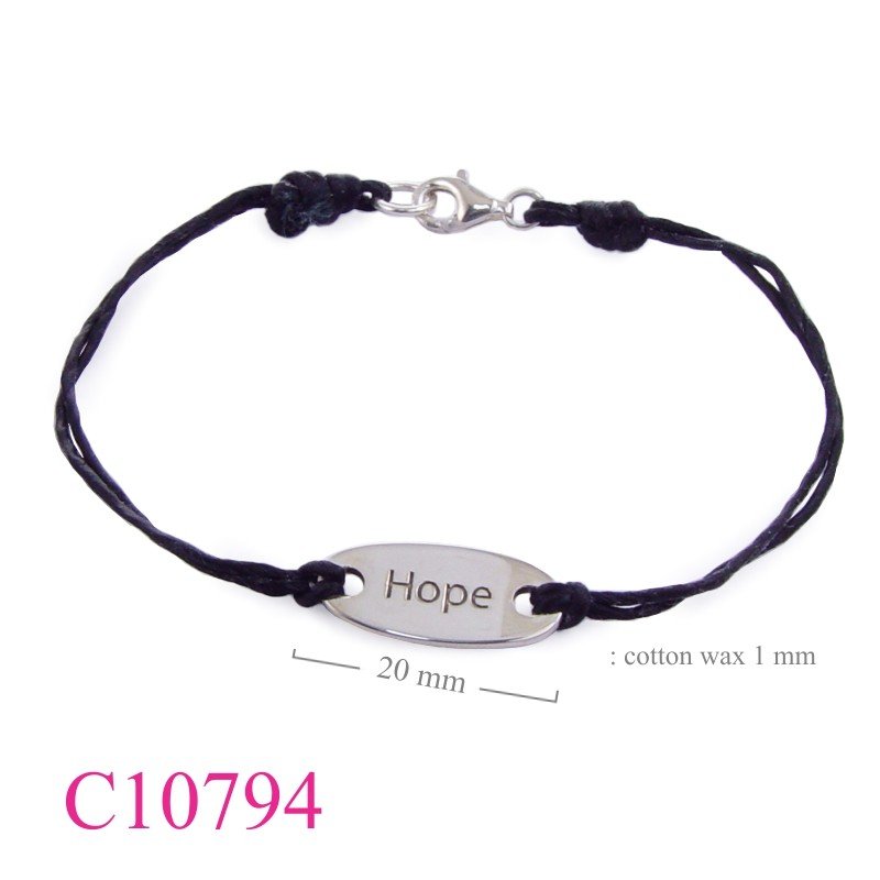 Bracelet, "Hope" oval tag with cotton wax string.