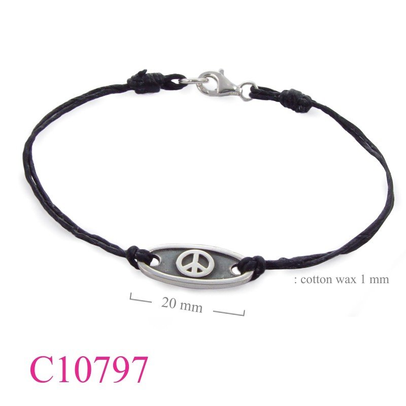 <p>Bracelet, pop up peace sign oval tag with cotton wax string.</p>