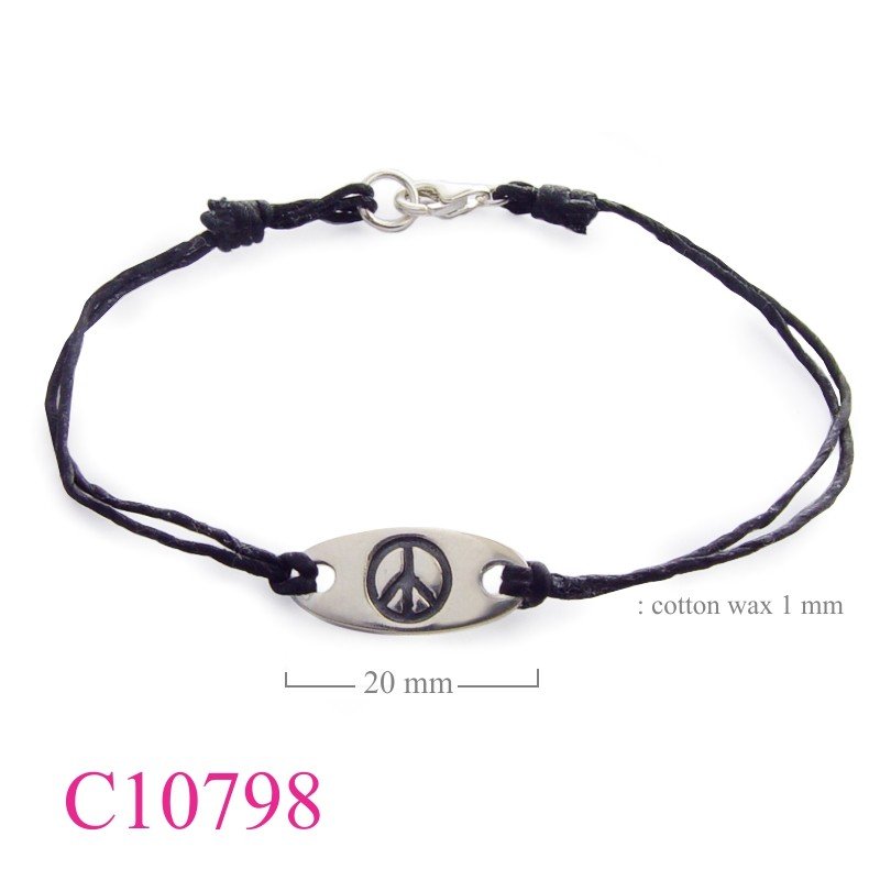 Bracelet, peace sign oval tag with cotton wax string.