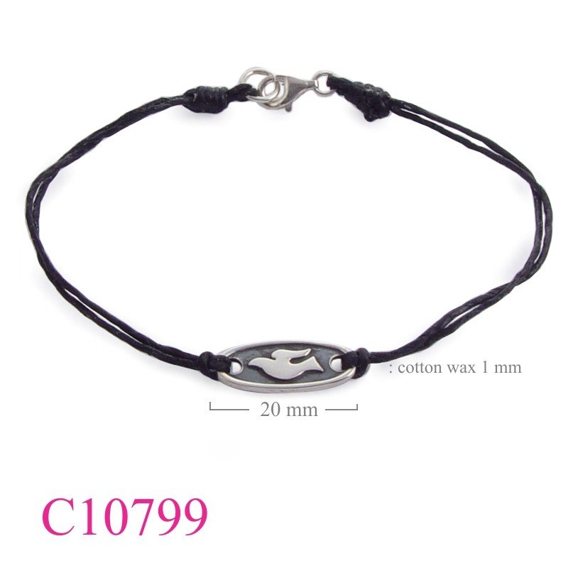Bracelet, pop up dove oval tag with cotton wax string