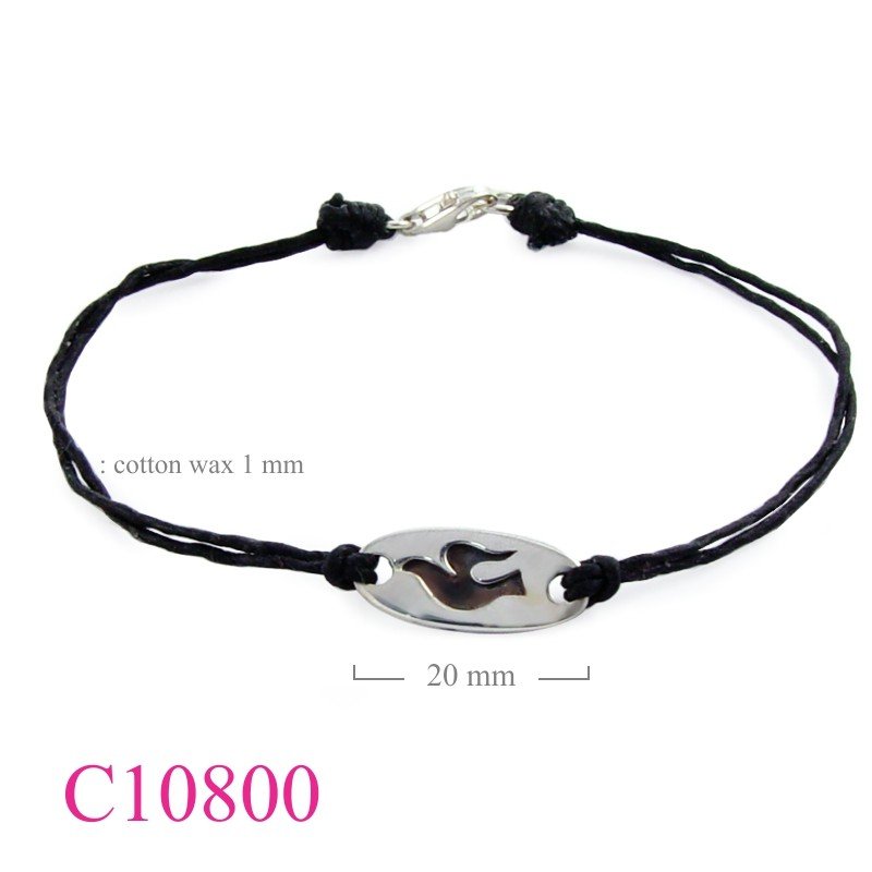 Bracelet, dove oval tag with cotton wax string.