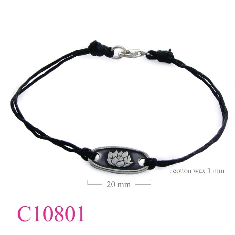 Bracelet, pop up lotus oval tag with cotton wax string.