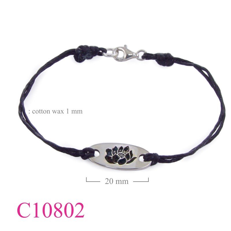 Bracelet, lotus oval tag with cotton wax string.