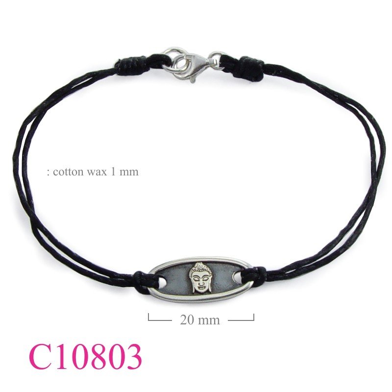 Bracelet, pop up Buddha face oval tag with cotton wax string.