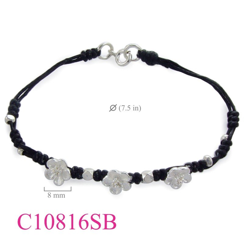 Bracelet, 7.5 inches cotton wax and 3 sandblast flowers.