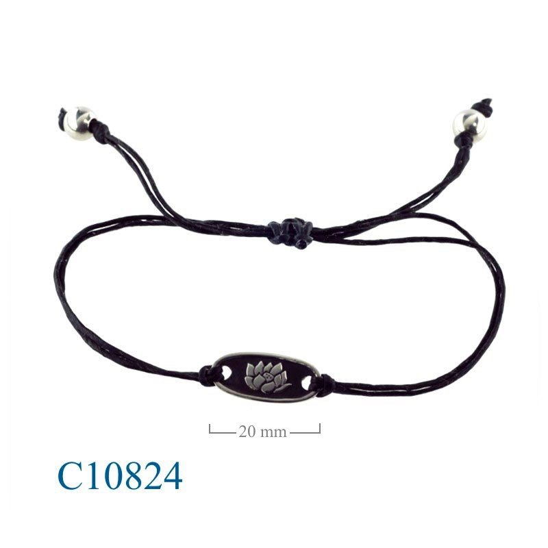 Lotus Bracelet, lotus oval tag with cotton wax string and 6mm silver beads.