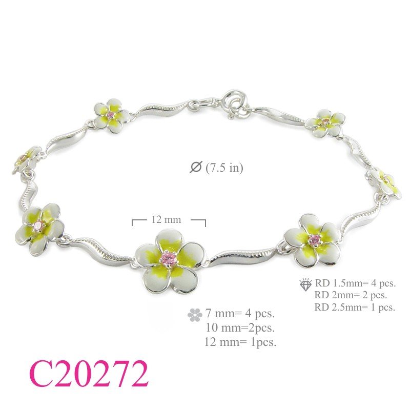 Flower Bracelet, 7 champac flowers with small stones enamel.