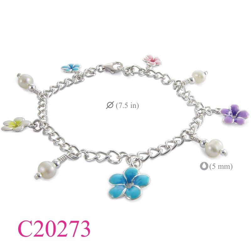 Flower Bracelet, 5 hanging champac flowers and FW perls enamel.