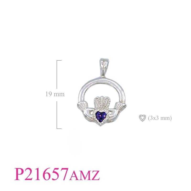 Claddagh Pendant, Heart Pendant, CZ Pendant, Claddagh with 3mm Amethyst CZ heart stone.