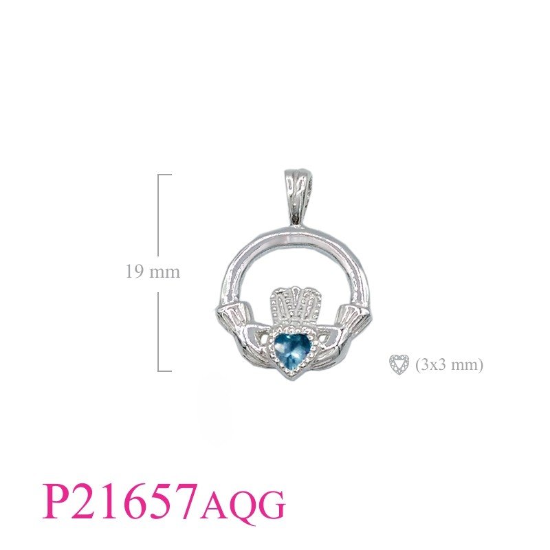 Claddagh Pendant, Heart Pendant, Claddagh with 3mm Aqua Glass  stone.