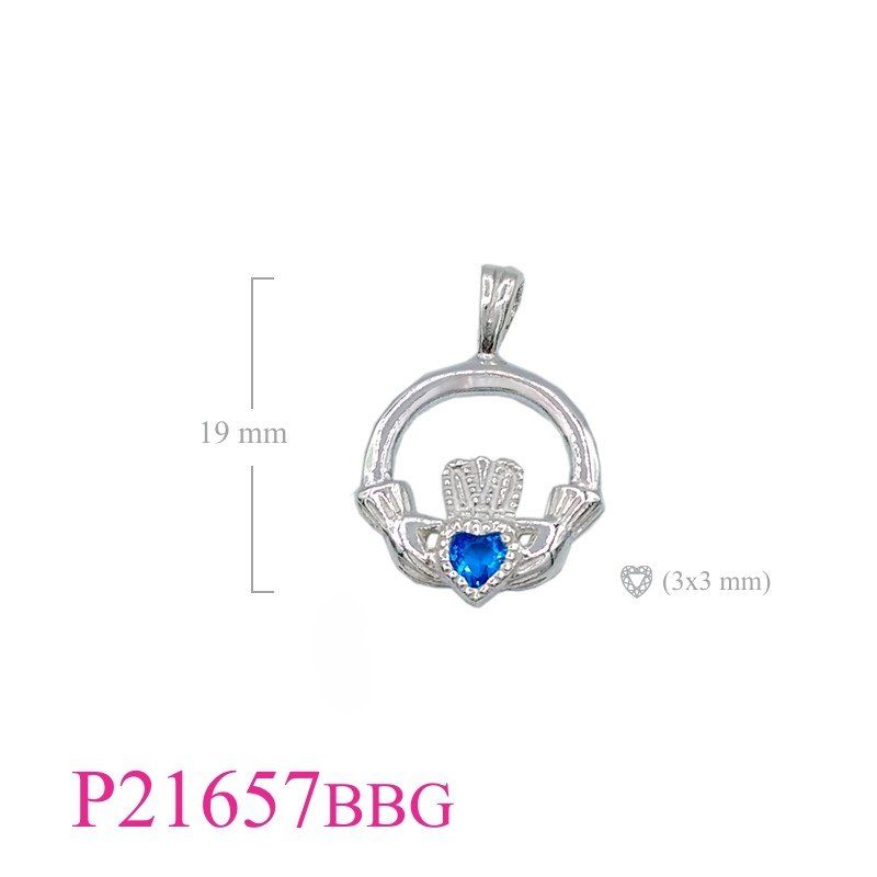Claddagh Pendant, Heart Pendant, Claddagh with 3mm Baby Blue Glass  stone.