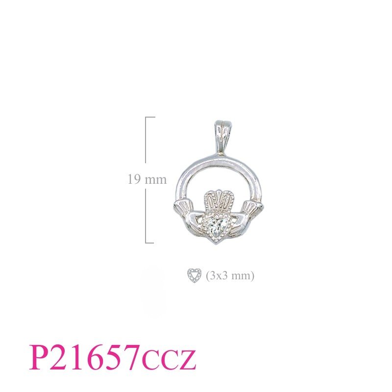 Claddagh Pendant, Heart Pendant, Claddagh with 3mm  stone.