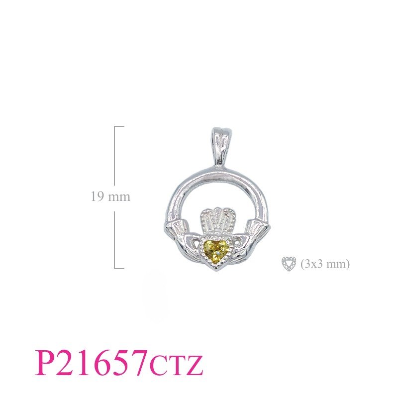 Claddagh Pendant, Heart Pendant, CZ Pendant, Claddagh with 3mm Citrine CZ heart stone