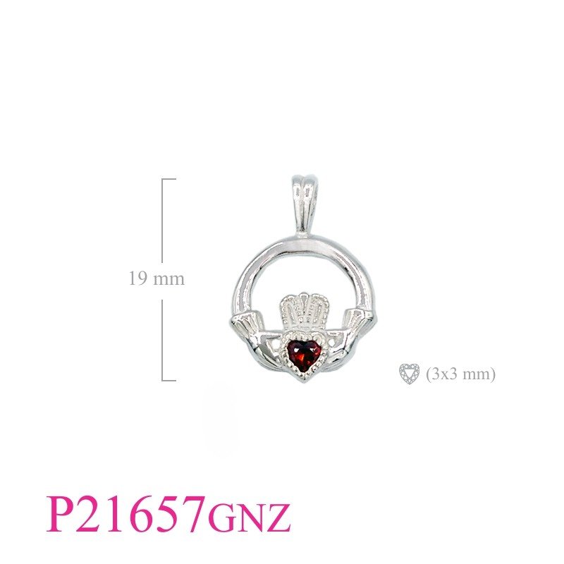 Claddagh Pendant, Heart Pendant, CZ Pendant, Claddagh with 3mm Garnet CZ heart stone.