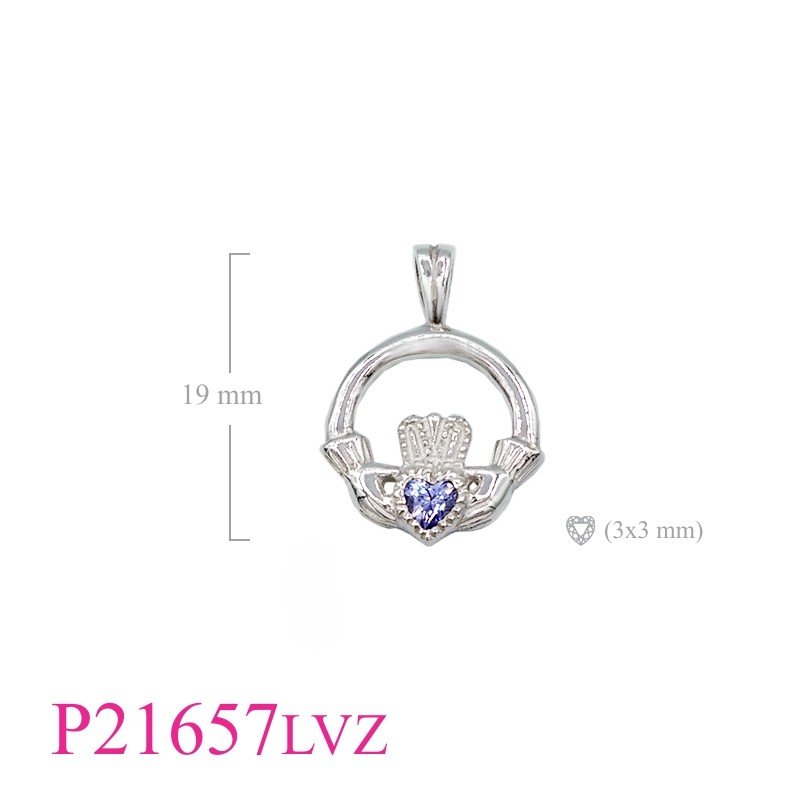 Claddagh Pendant, Heart Pendant, CZ Pendant, Claddagh with 3mm Lavender CZ heart stone.