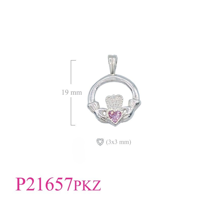 Claddagh Pendant, Heart Pendant, CZ Pendant, Claddagh with 3mm Pink CZ heart stone.