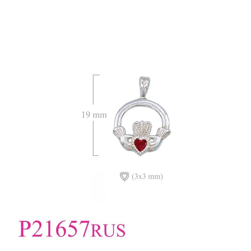 Claddagh Pendant, Heart Pendant, Claddagh with 3mm Synthetic Ruby  stone.