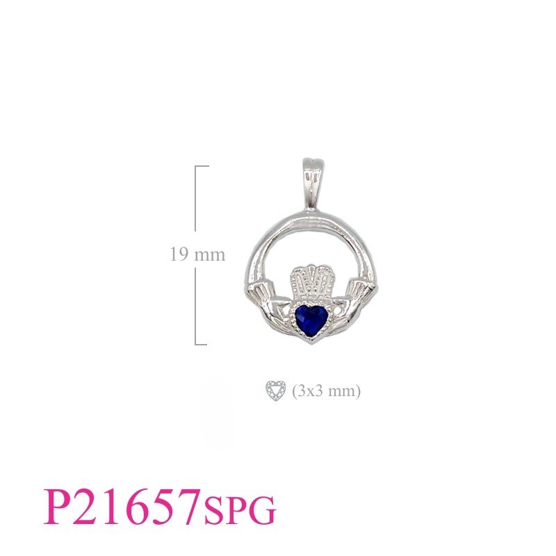 Claddagh Pendant, Heart Pendant, Claddagh with 3mm Sapphire Glass  stone.