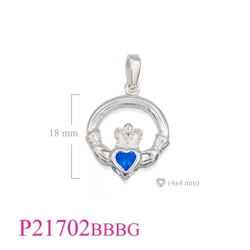 Claddagh Pendant, Heart Pendant, Claddagh with Baby Blue Glass stone and Rhodium plated (Bail).