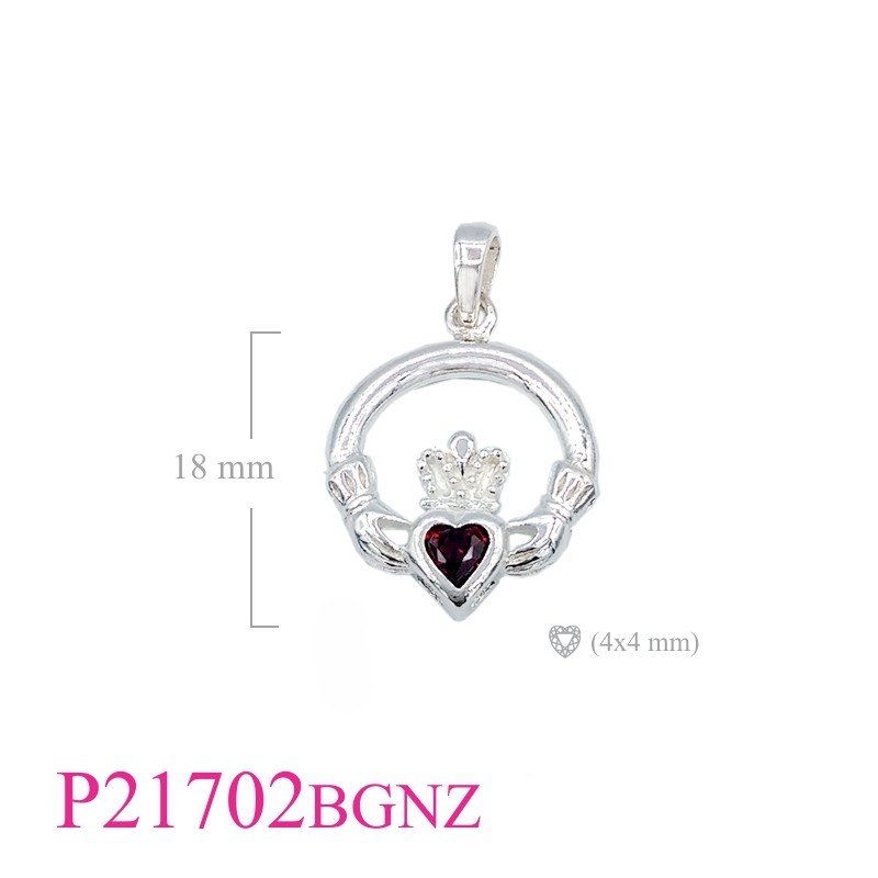 Claddagh Pendant, Heart Pendant, CZ Pendant, Claddagh with Garnet CZ heart stone (Bail).