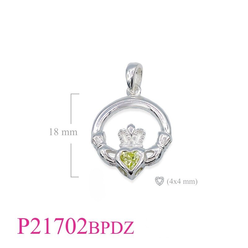 Claddagh Pendant, Heart Pendant, CZ Pendant, Claddagh with Peridot CZ heart stone (Bail).