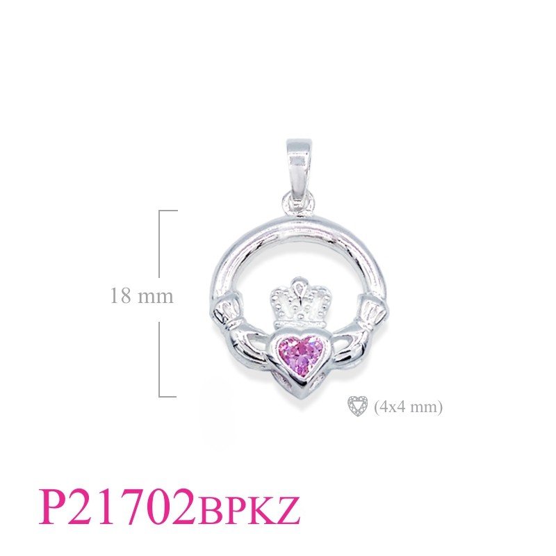 Claddagh Pendant, Heart Pendant, CZ Pendant, Claddagh with Pink CZ heart stone (Bail).