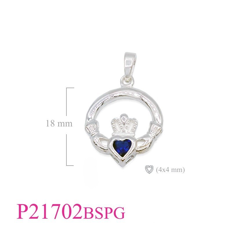 Claddagh Pendant, Heart Pendant, Claddagh with Sapphire Glass  stone (Bail).