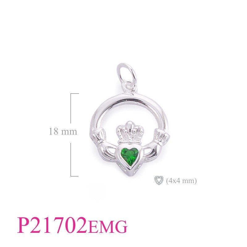 Claddagh Pendant, Heart Pendant, Claddagh with Emerald Glass  stone.