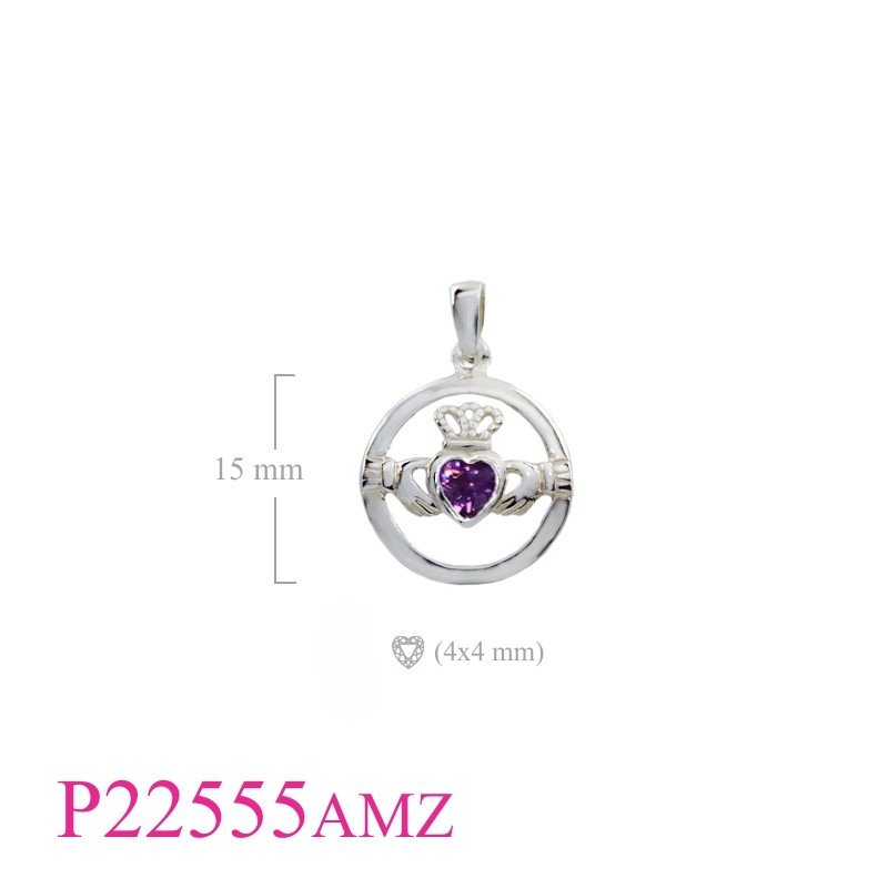 Claddagh Pendant, Heart Pendant, CZ Pendant, round Claddagh with heart Amethyst CZ and e coating.
