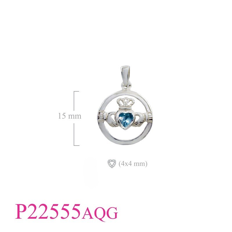 Claddagh Pendant, Heart Pendant, round Claddagh with  Aqua Glass.
