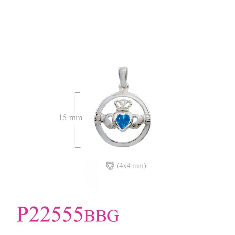 Claddagh Pendant, Heart Pendant, round Claddagh with  Baby Blue Glass.