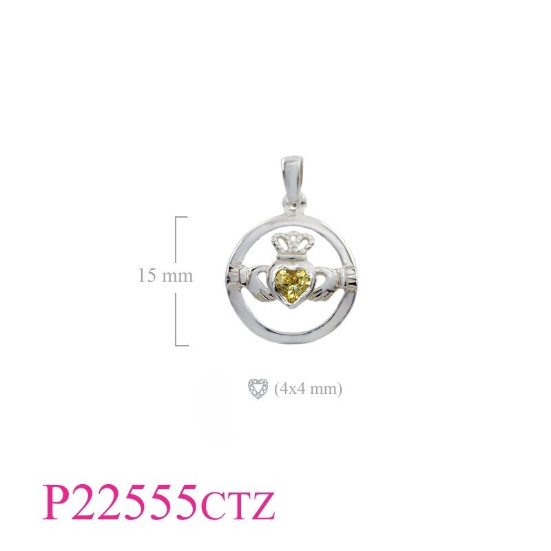 Claddagh Pendant, Heart Pendant, CZ Pendant, round Claddagh with heart Citrine CZ.