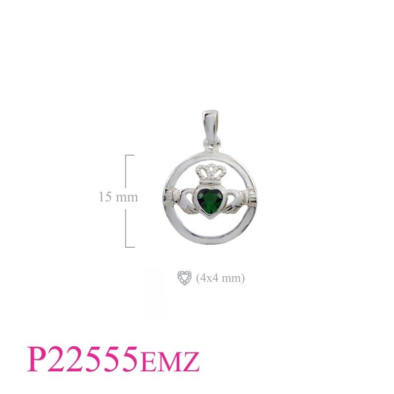 Claddagh Pendant, Heart Pendant, round Claddagh with  Emerald Glass.