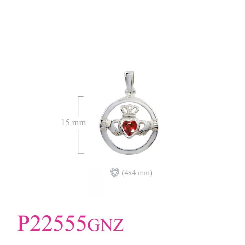 Claddagh Pendant, Heart Pendant, CZ Pendant, round Claddagh with heart Garnet CZ.