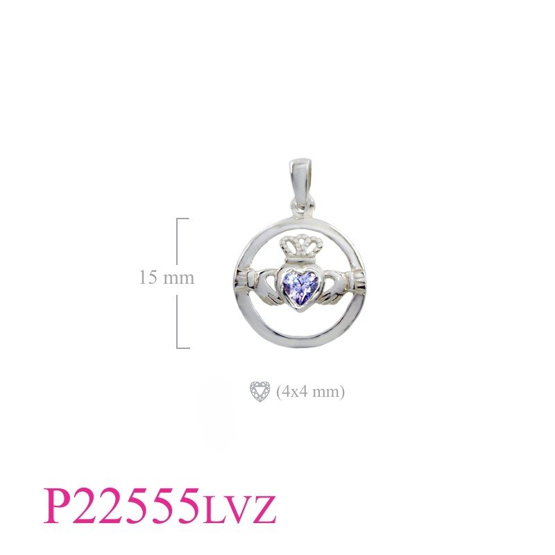 Claddagh Pendant, Heart Pendant, CZ Pendant, round Claddagh with heart Lavender CZ.