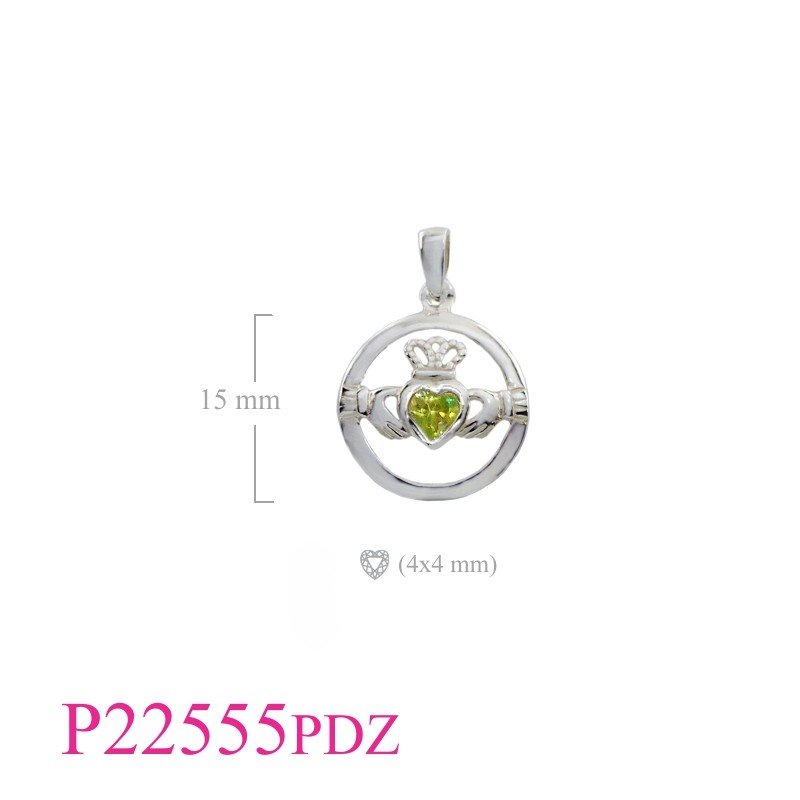 Claddagh Pendant, Heart Pendant, CZ Pendant, round Claddagh with heart Peridot CZ.