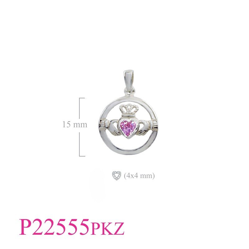 Claddagh Pendant, Heart Pendant, CZ Pendant, round Claddagh with heart Pink CZ