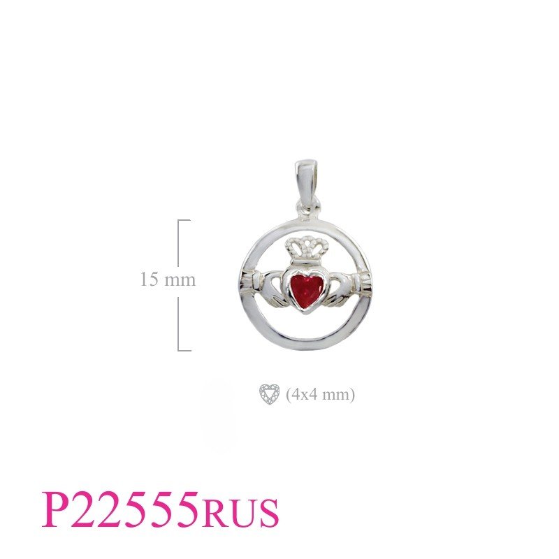 Claddagh Pendant, Heart Pendant, round Claddagh with  Synthetic Ruby